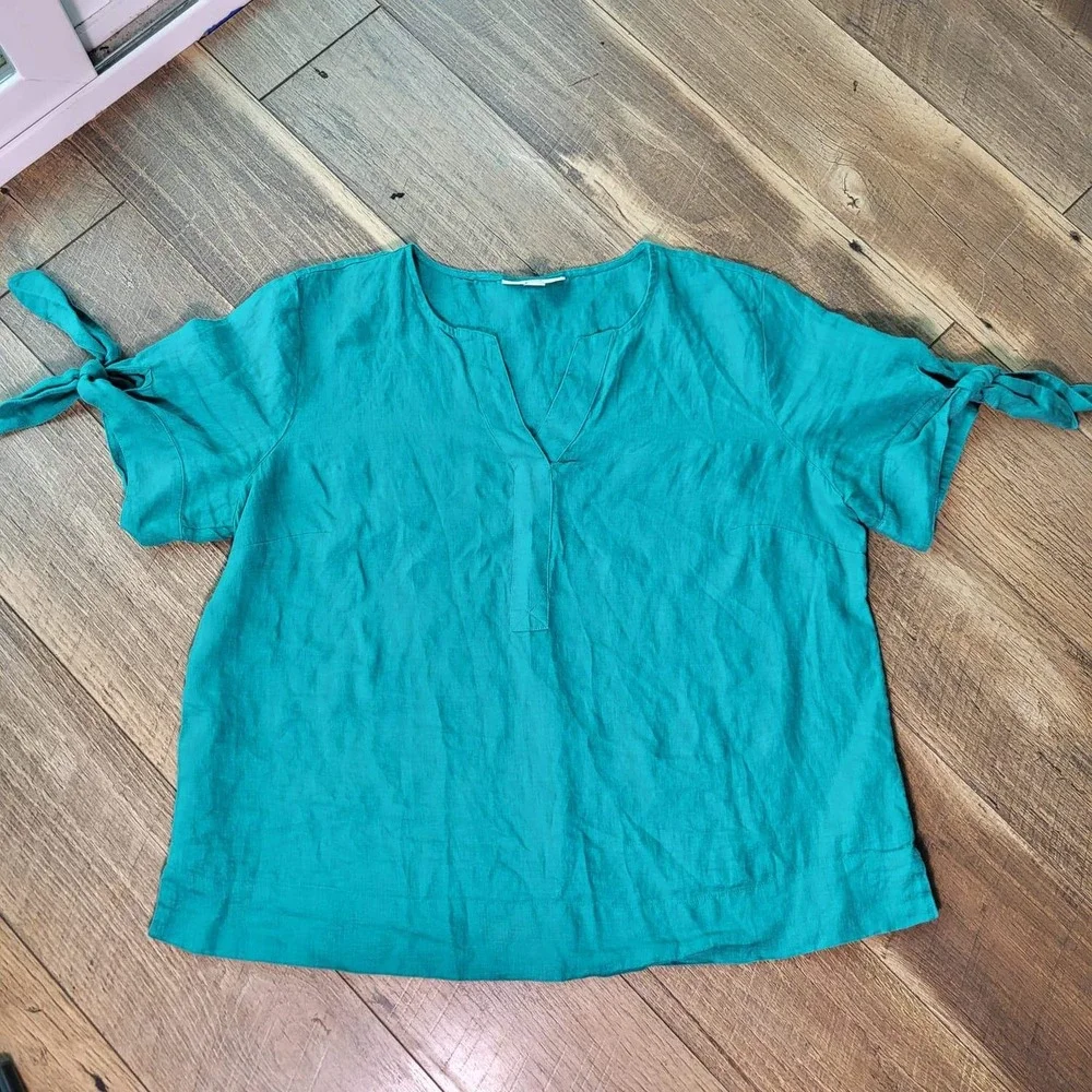 Charter Club Luxury Teal Green 100% Linen Split Neck Tie Sleeve Top Large